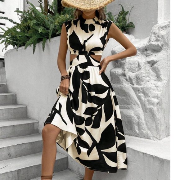 Boho Leaf Print Cut Out Waist Dress - Picture 2 of 9